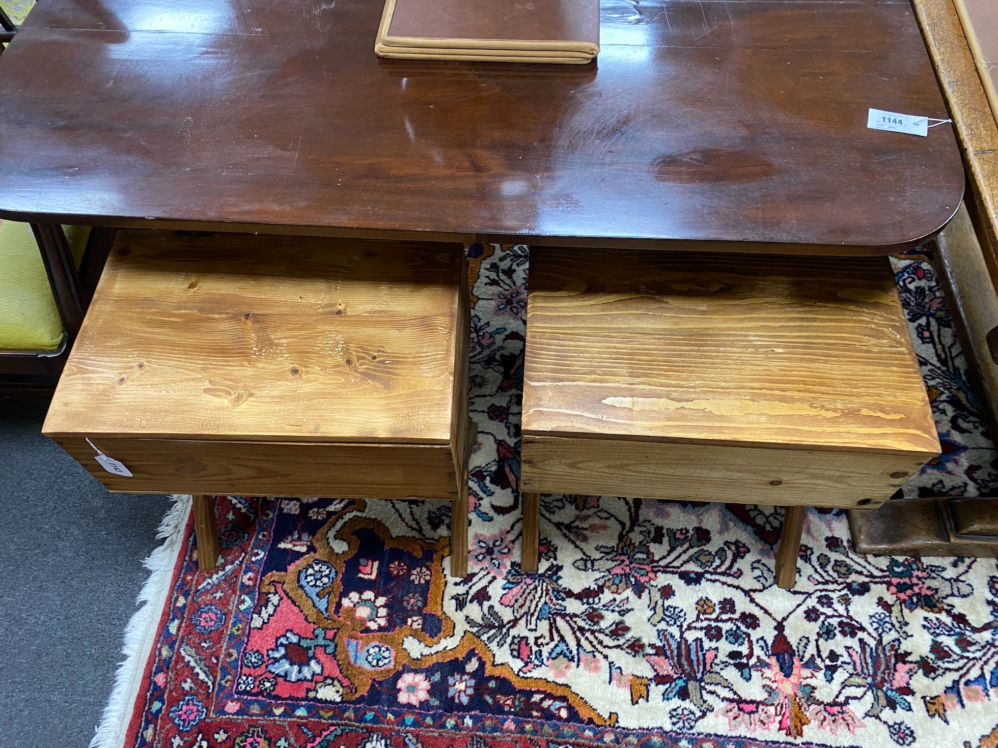 Two occasional tables constructed from wine crates, width 50cm